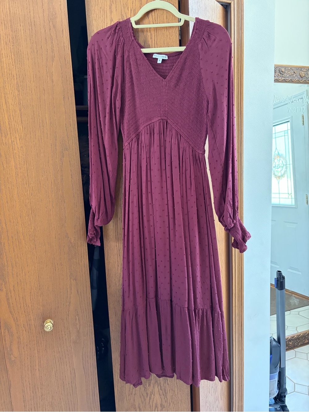 Long Sleeve V-Neck Midi Dress in Deep Plum